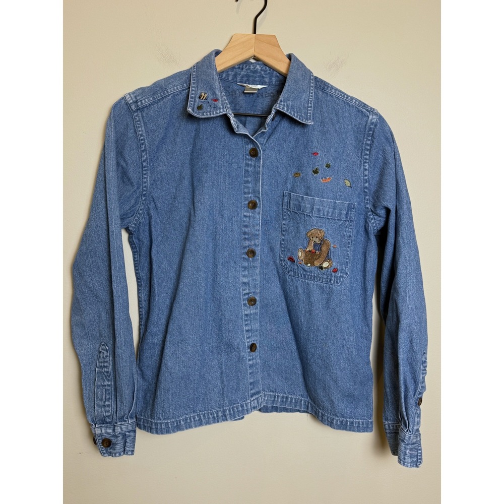 VTG Christopher & Banks Embroidered Bears Fall Denim Cotton Button Down Shirt S